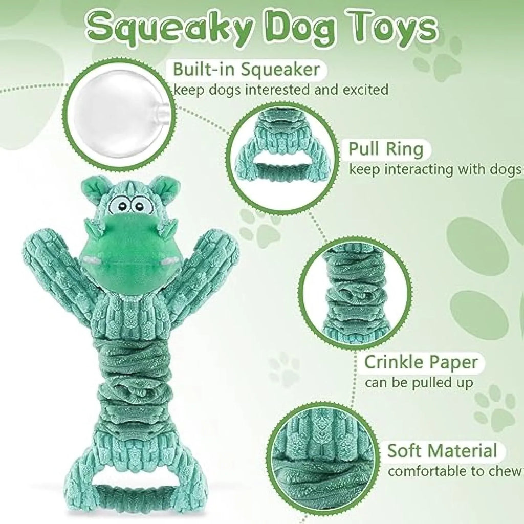 Large plush squeaky dog toy with telescopic body and crinkle paper handle for tug of war play