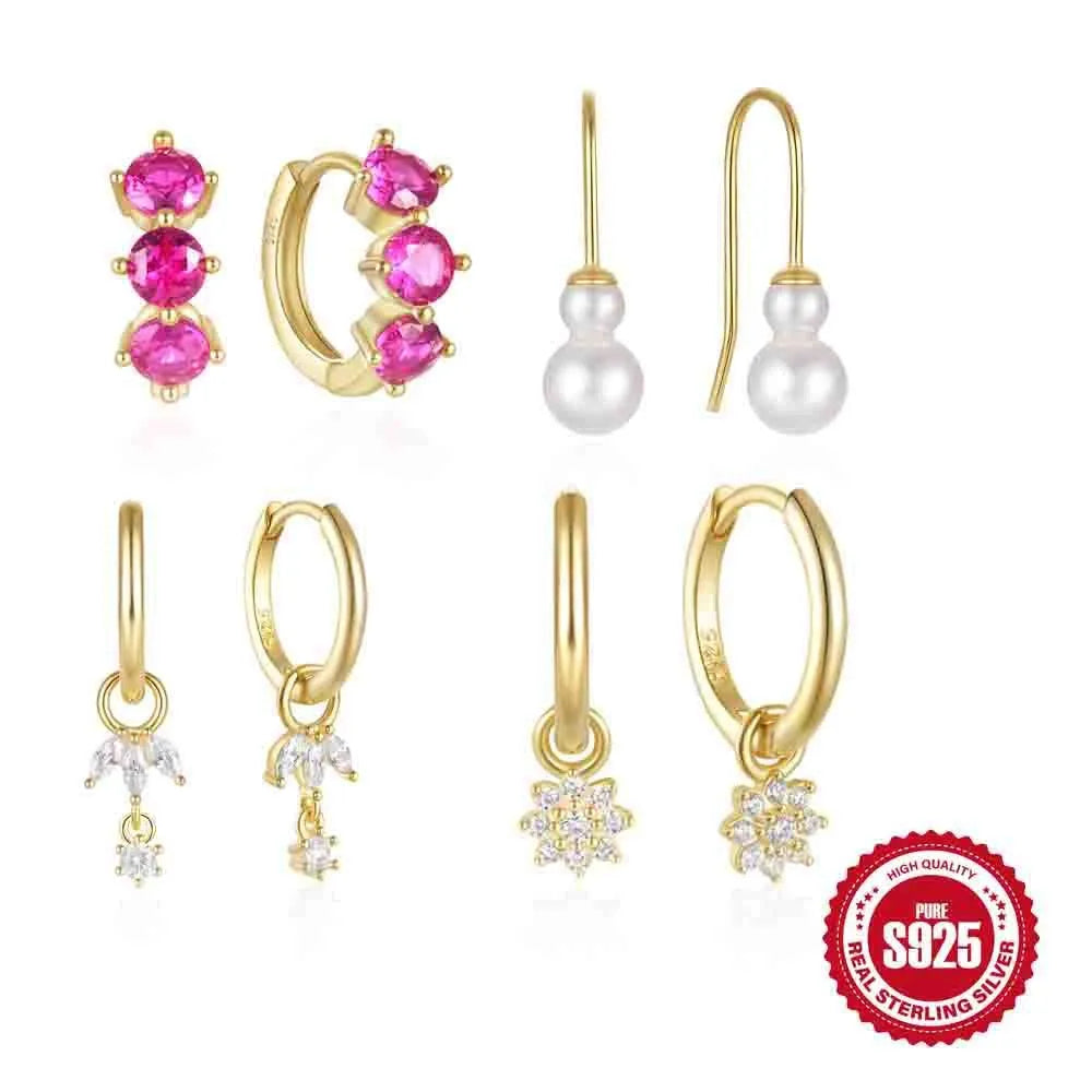 Sterling silver sunflower earrings with geometric design and inlaid zircon stones in golden three diamonds colour