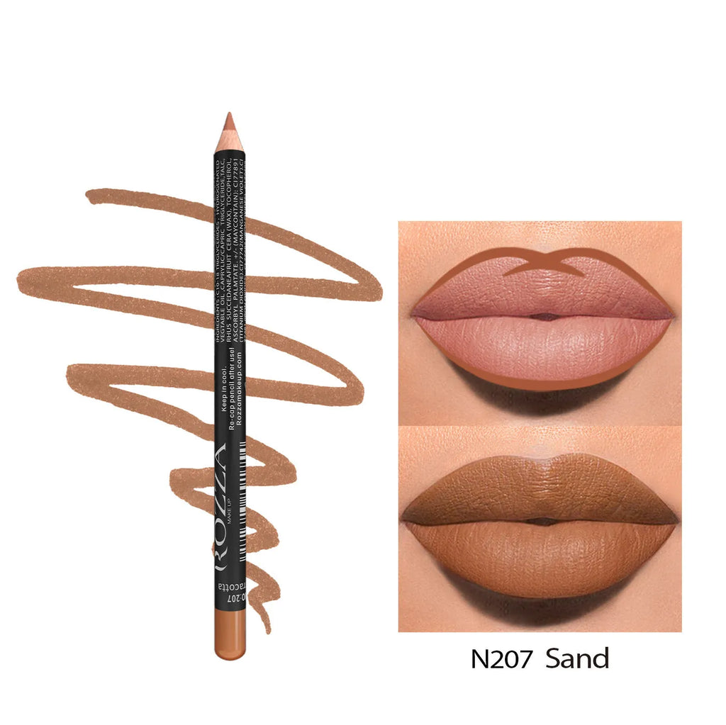 Matte lip liner pencil in standard packaging shown with colour range from shade 201 to 214.