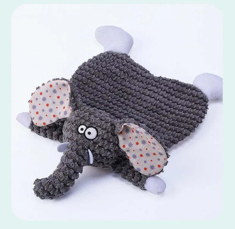 Brown, gray and orange plush pet toys in fox and elephant shapes with velvet texture