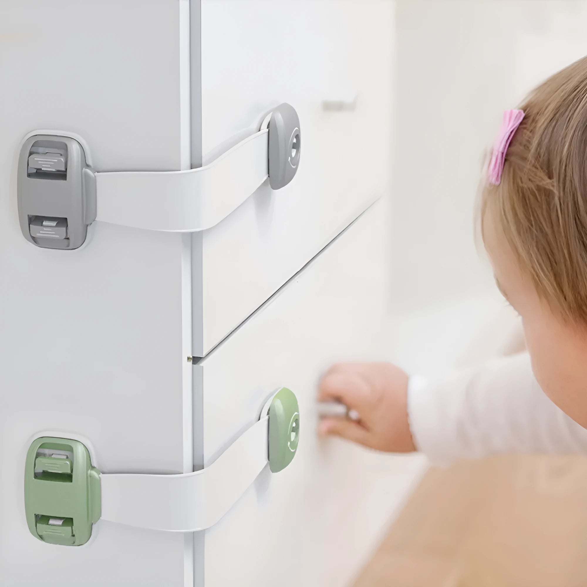 Adjustable grey child safety lock strap installed on a cabinet door