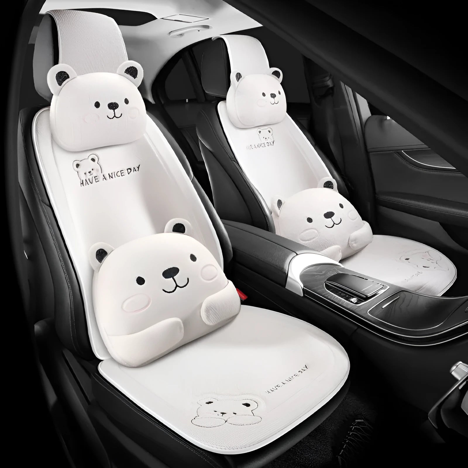 Cure Bear linen car seat cushion set showing lumbar support pillow and headrest in a choice of colours.