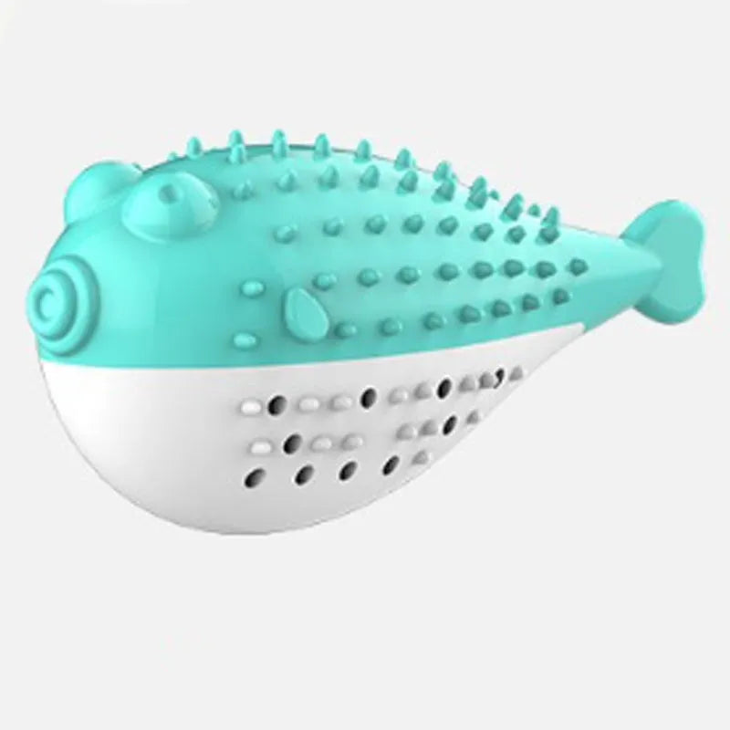 Blue silicone fish-shaped cat chew toy for dental cleaning and interactive play
