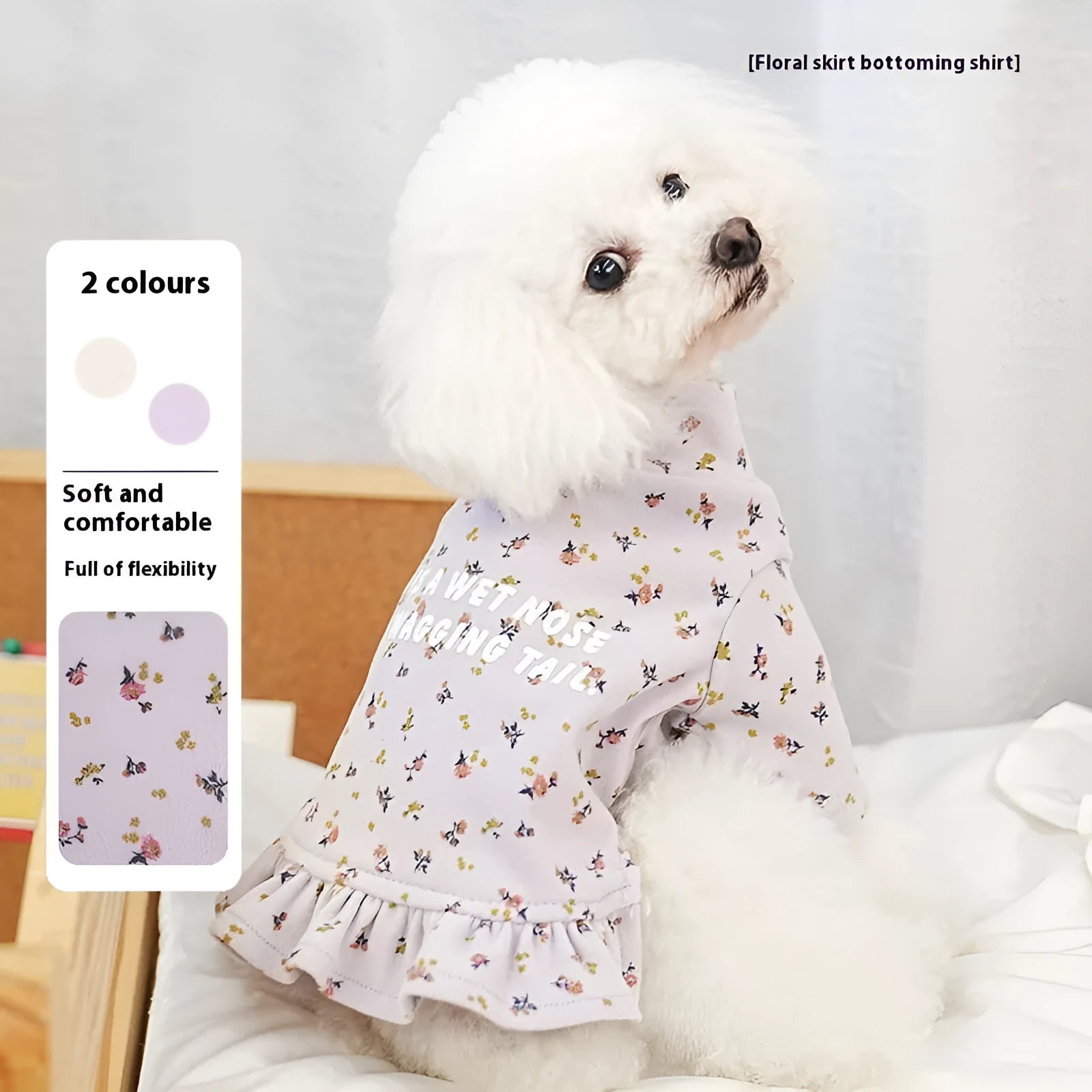Light purple polyester dog undershirt with floral skirt on small breed dog