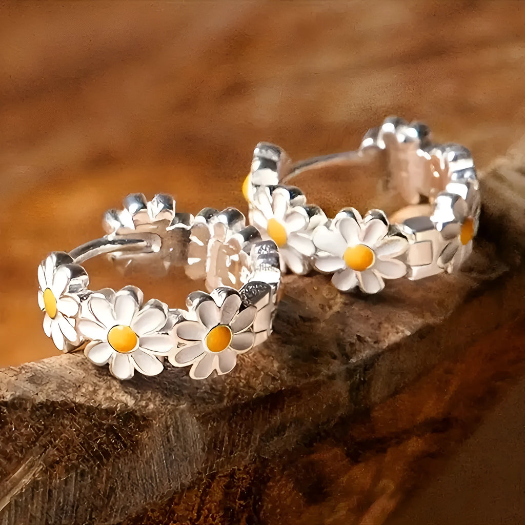 White electroplated daisy flower ring earrings set with gem inlay on copper base