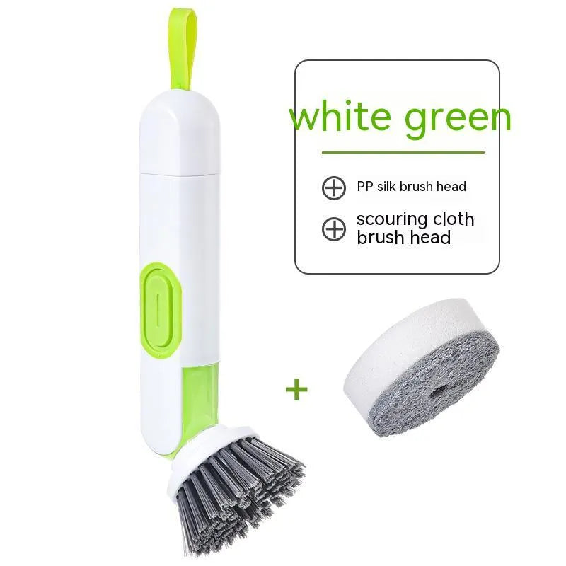 White and red long-handle kitchen brush with liquid dispenser and two brush heads