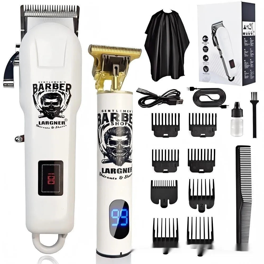 Rechargeable hair clipper with stainless steel cutter head and 4 attachments on a plastic body.