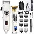 Rechargeable hair clipper with stainless steel cutter head and 4 attachments on a plastic body.