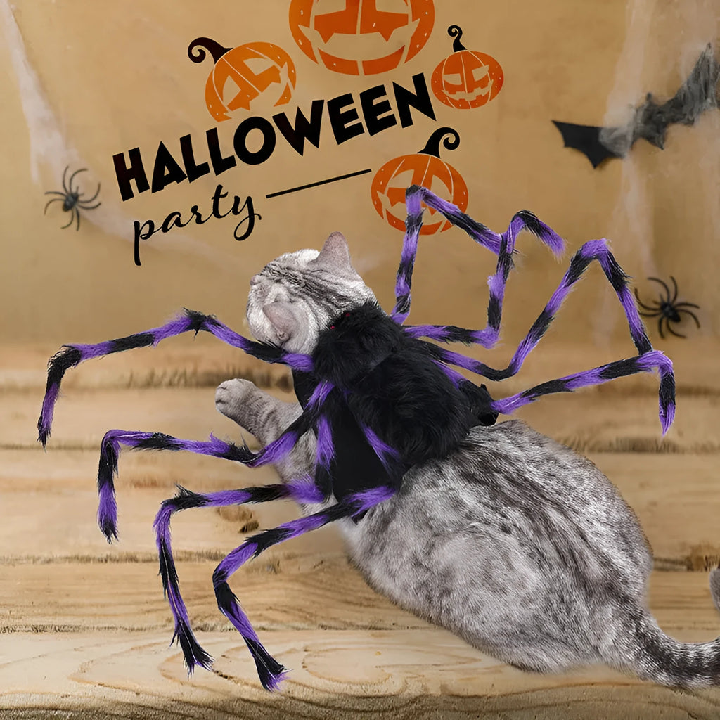 A grey and black spider costume for a small dog, shown from the side.