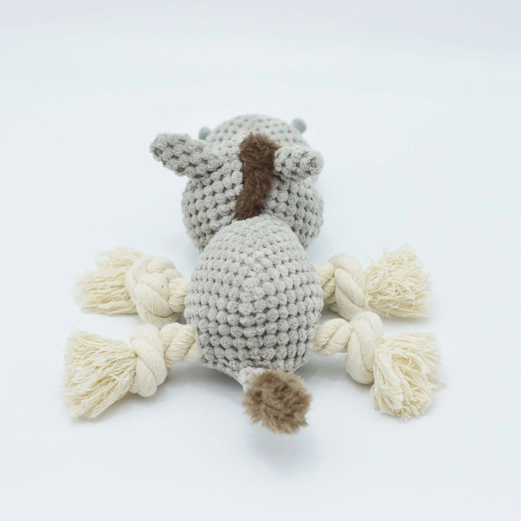 Grey donkey-shaped plush dog toy with creak sound mechanism measuring 27 cm long