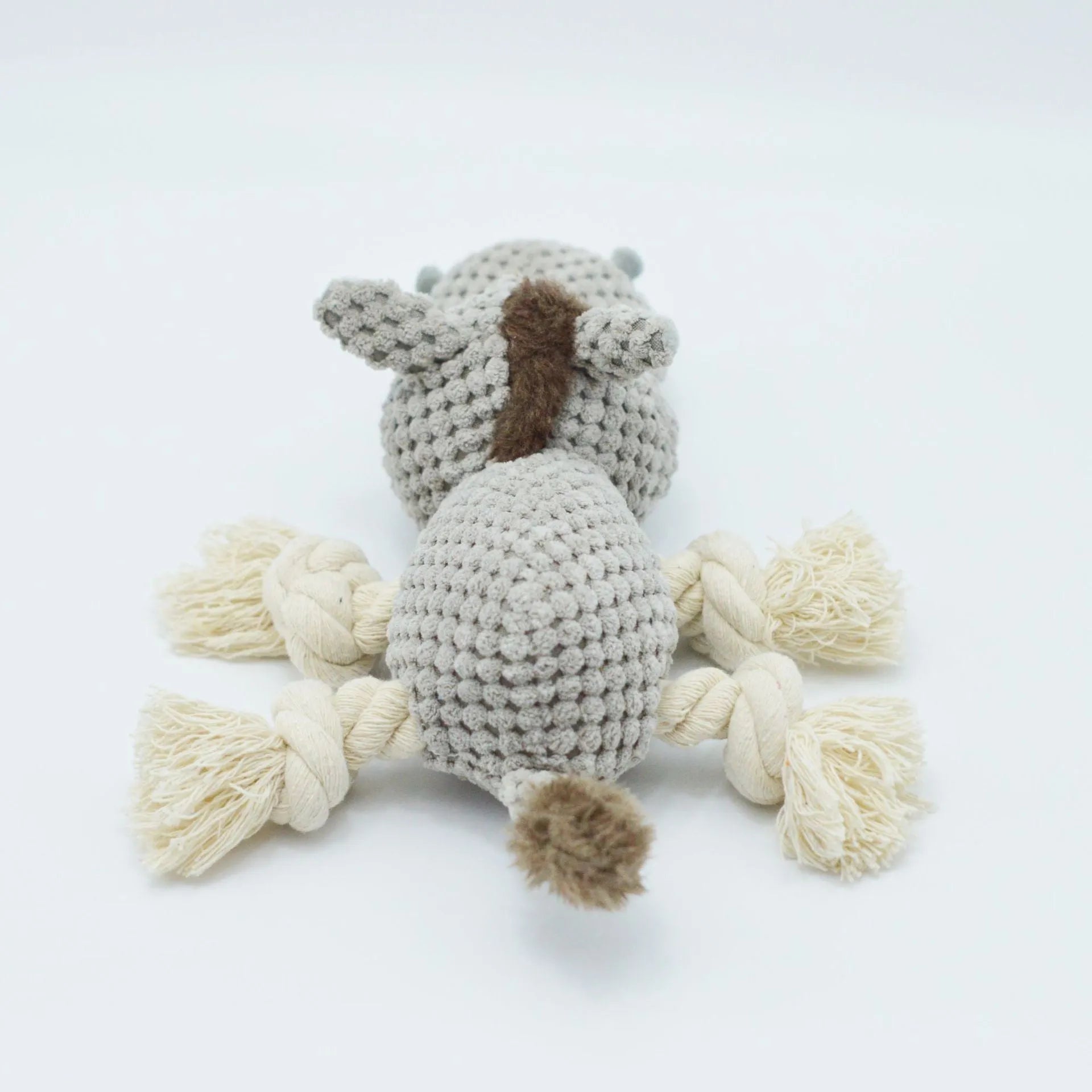 Grey donkey-shaped plush dog toy with creak sound mechanism measuring 27 cm long