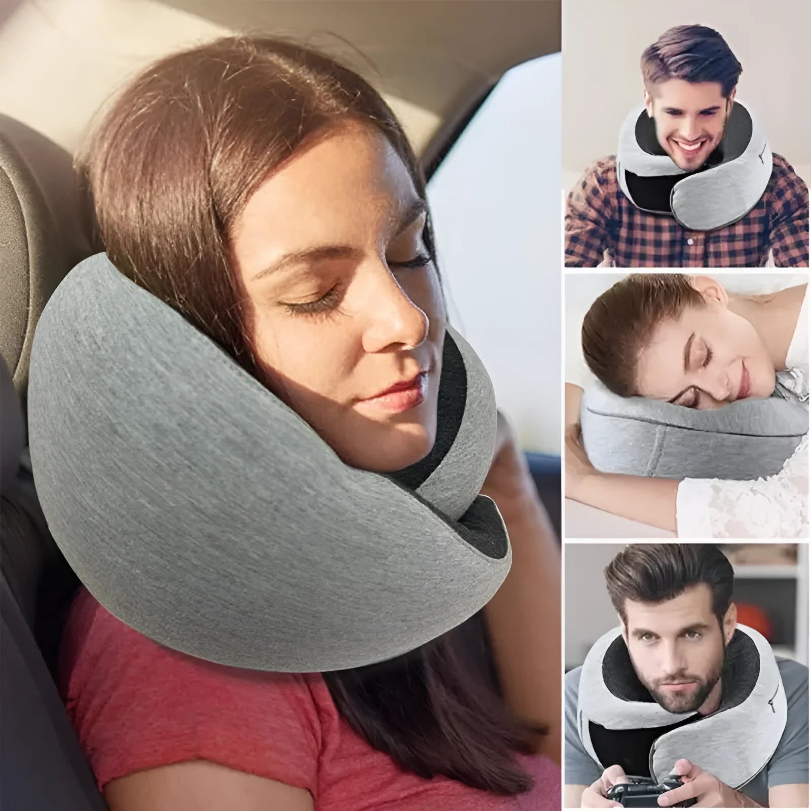 U-shaped memory foam travel neck pillow in navy blue with buckle fastening, shown rolled with carry bag