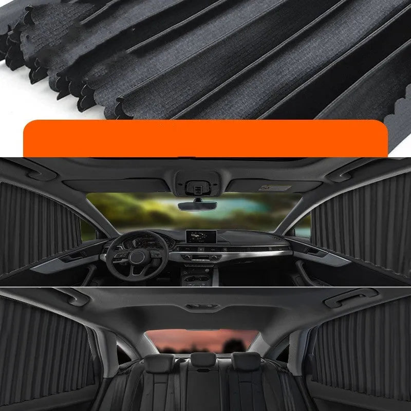 Auto retractable car sun curtain in thick opaque cloth material with roller shutter mechanism