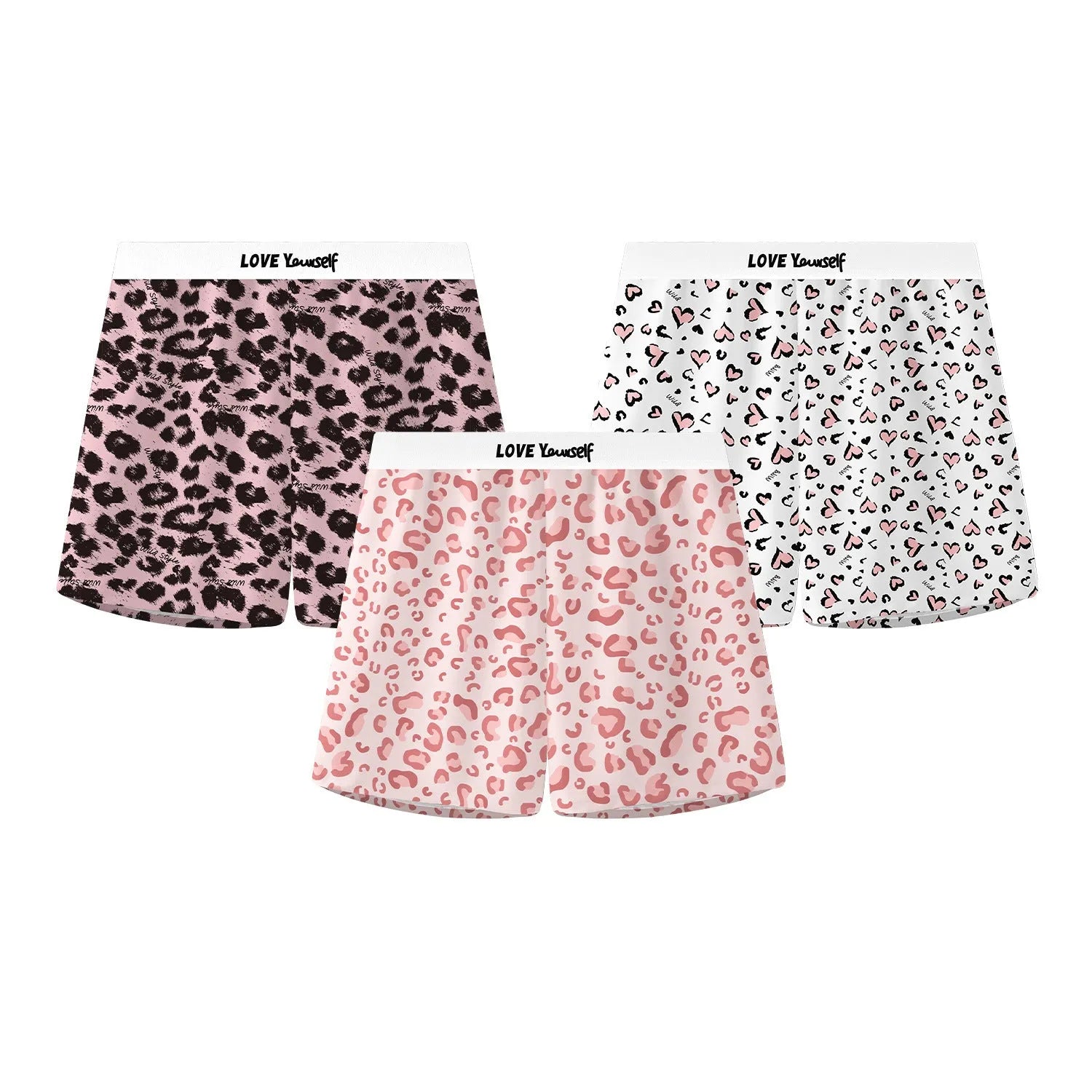 Men's leopard print loose woven boxer briefs in ice silk fabric on a white background.