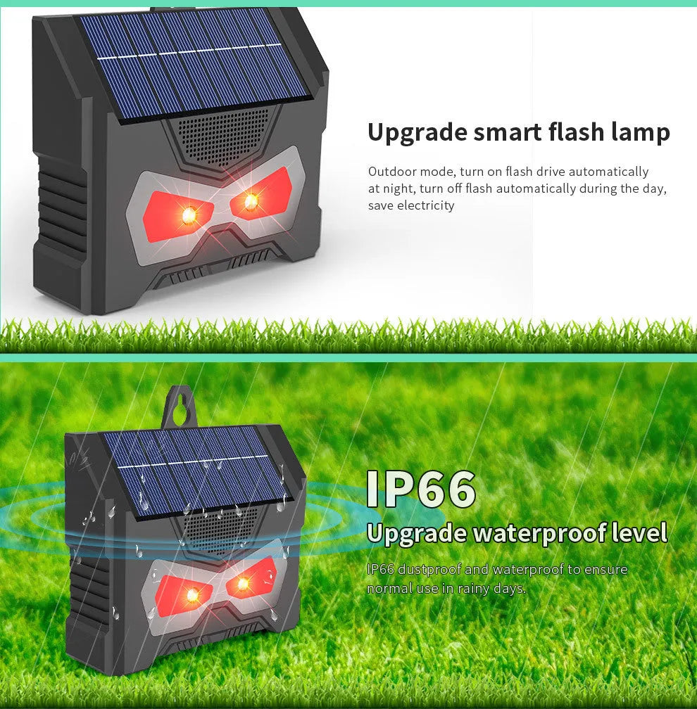 Black outdoor solar ultrasonic animal repeller device with motion detection for garden pest control