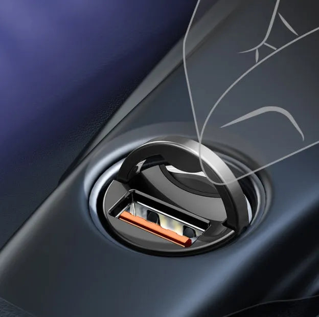 Baseus electro-optical grey 30W USB car charger with 1 metre cable plugged into car socket
