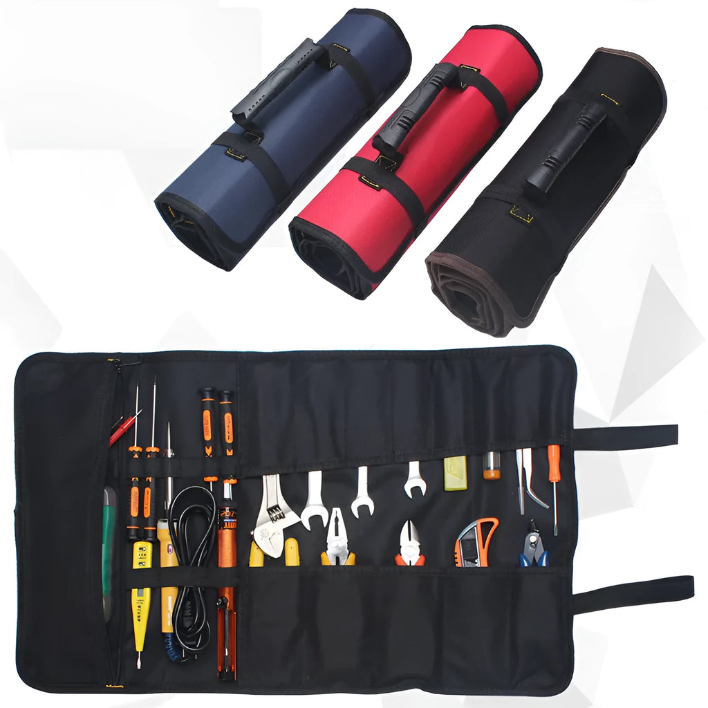Brown Oxford cloth electrician storage bag reel mounted on wall with tools inside