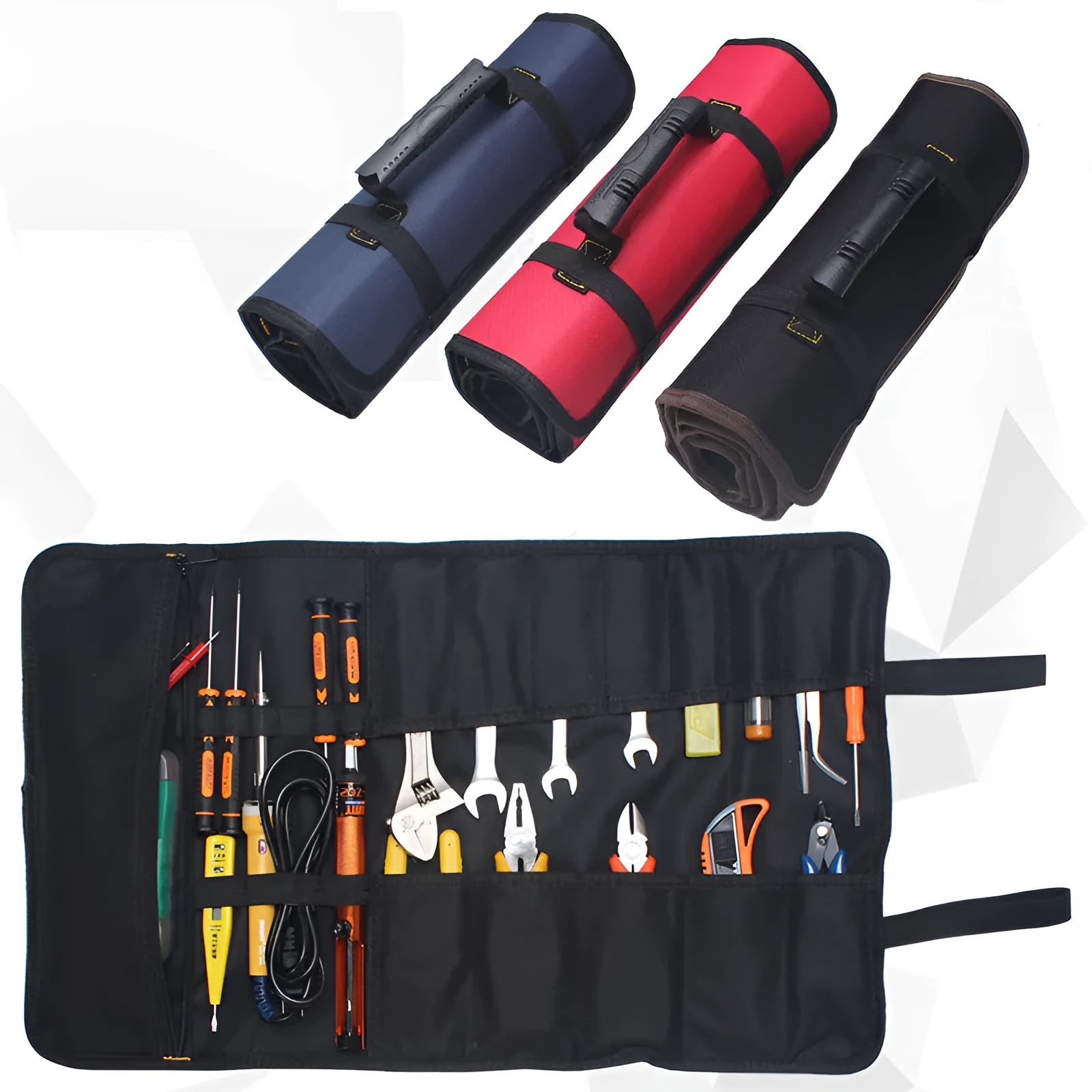Brown Oxford cloth electrician storage bag reel mounted on wall with tools inside
