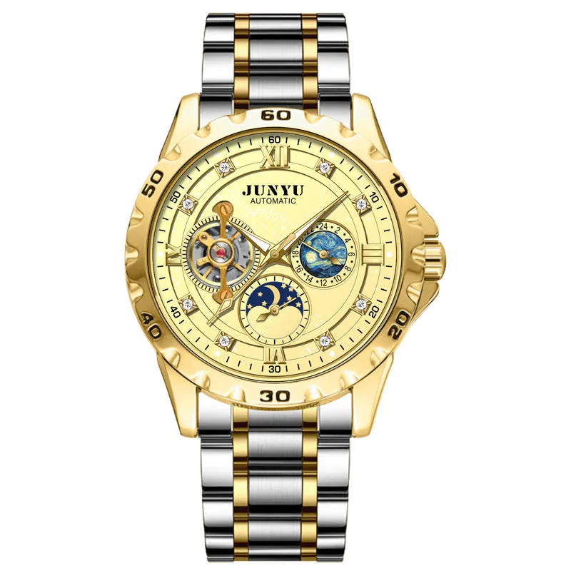 Automatic mechanical watch with silver case and black dial showing luminous markers