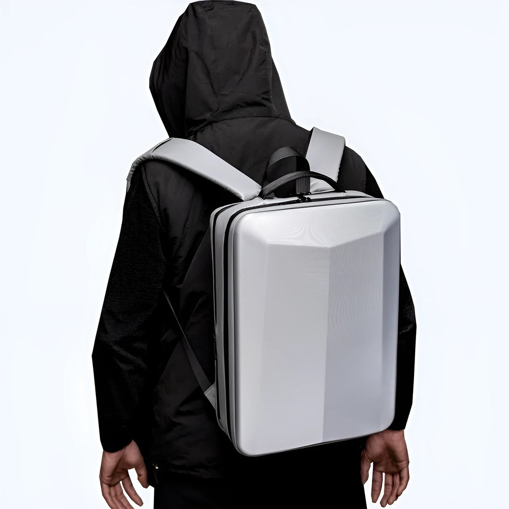 Black and silver white waterproof Oxford cloth business backpack shown in 15-inch and 17-inch size options.