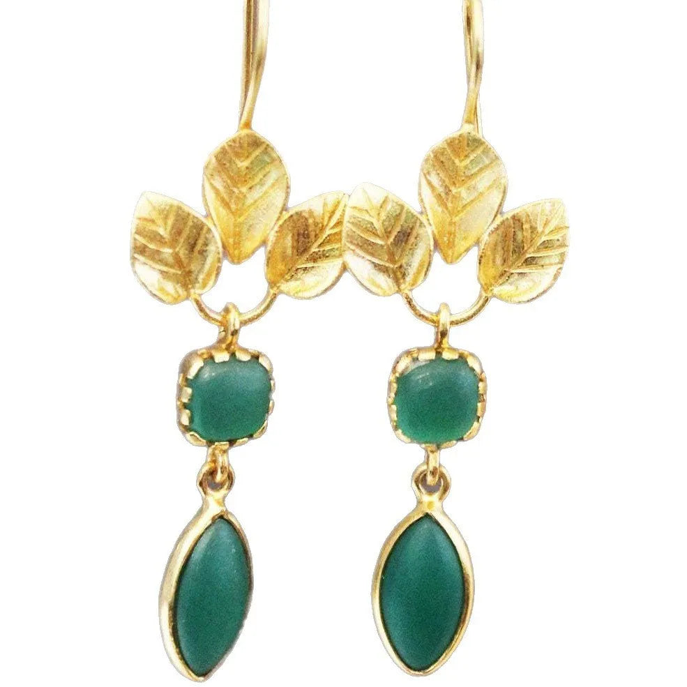 Gold-coloured copper drop earrings with a French leaf design, water drop zircon, and tassel detail.