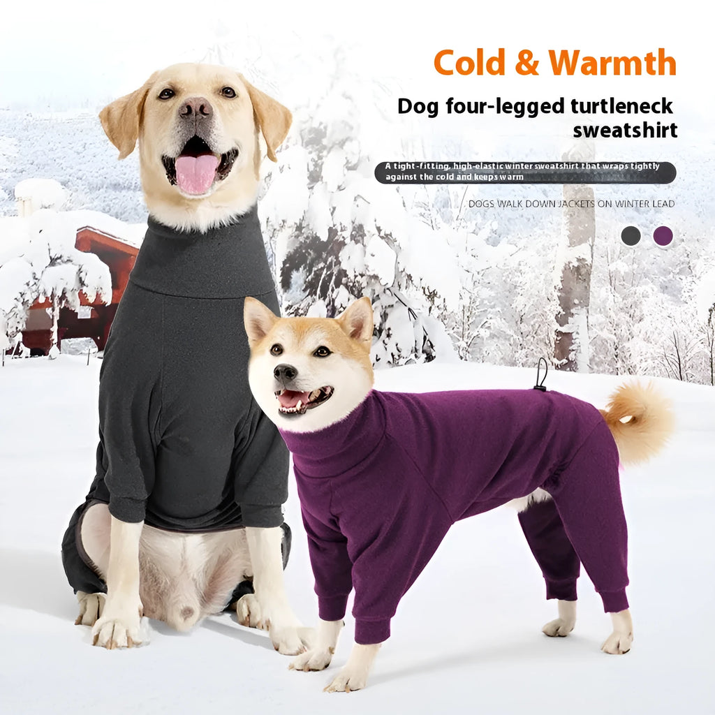 Dark grey polar fleece four-legged dog clothes with high collar on a medium-sized dog