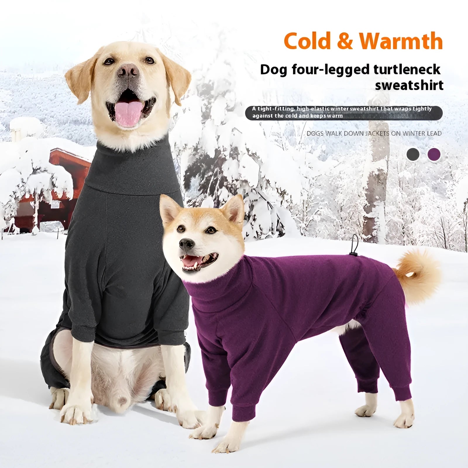 Dark grey polar fleece four-legged dog clothes with high collar on a medium-sized dog