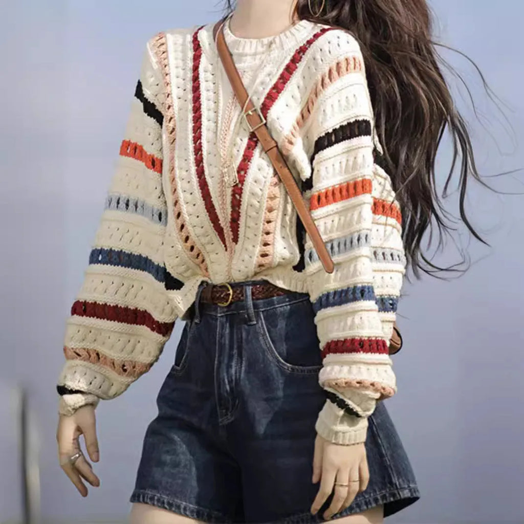 Retro rainbow striped hollow knit sweater with batwing sleeves and round neck in loose fit