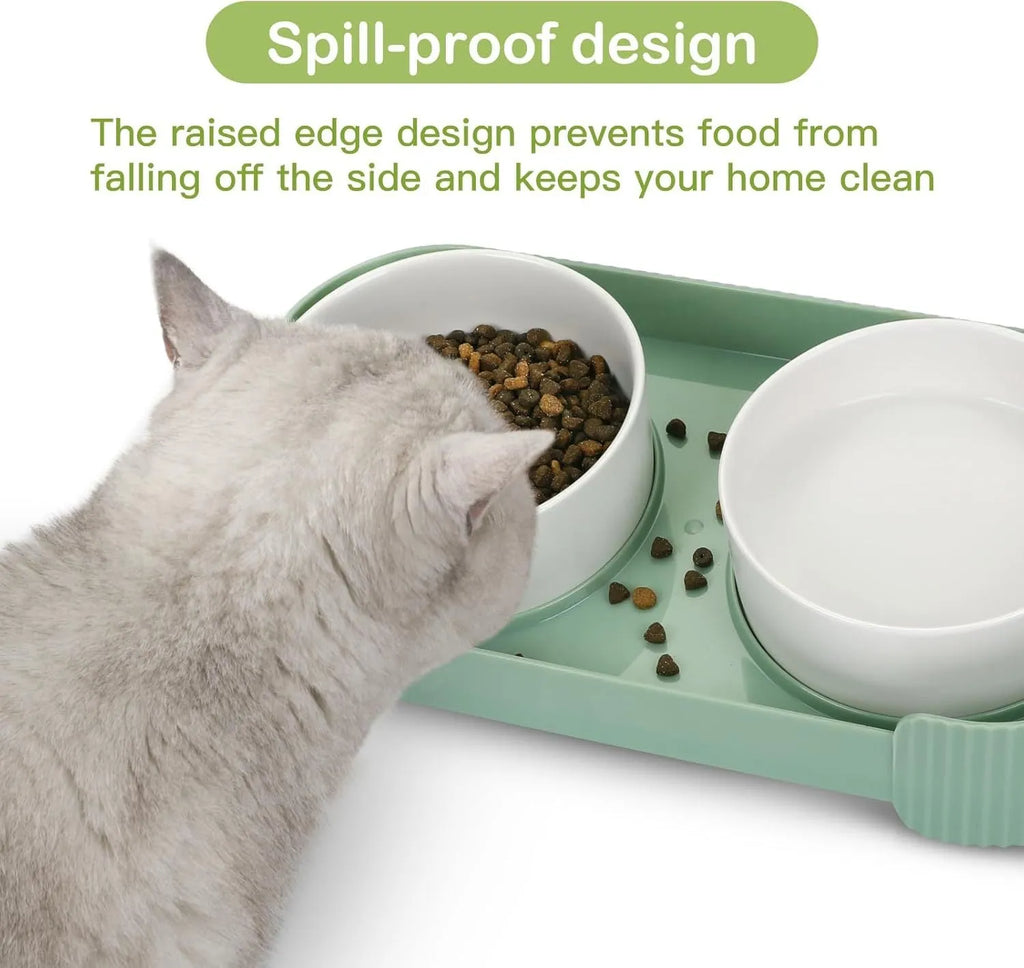 Green ceramic elevated cat bowls with tilted stand and dual bowls on wooden floor