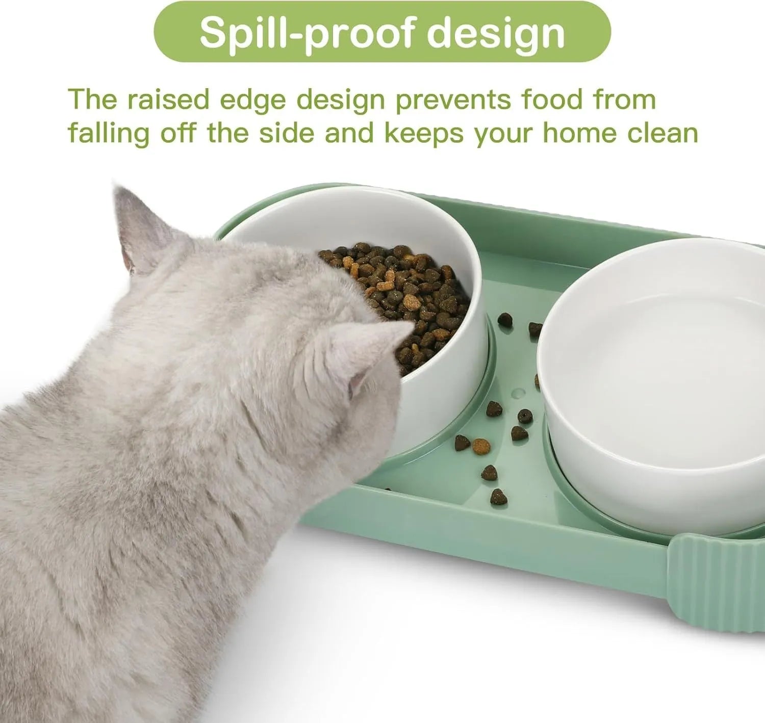 Green ceramic elevated cat bowls with tilted stand and dual bowls on wooden floor