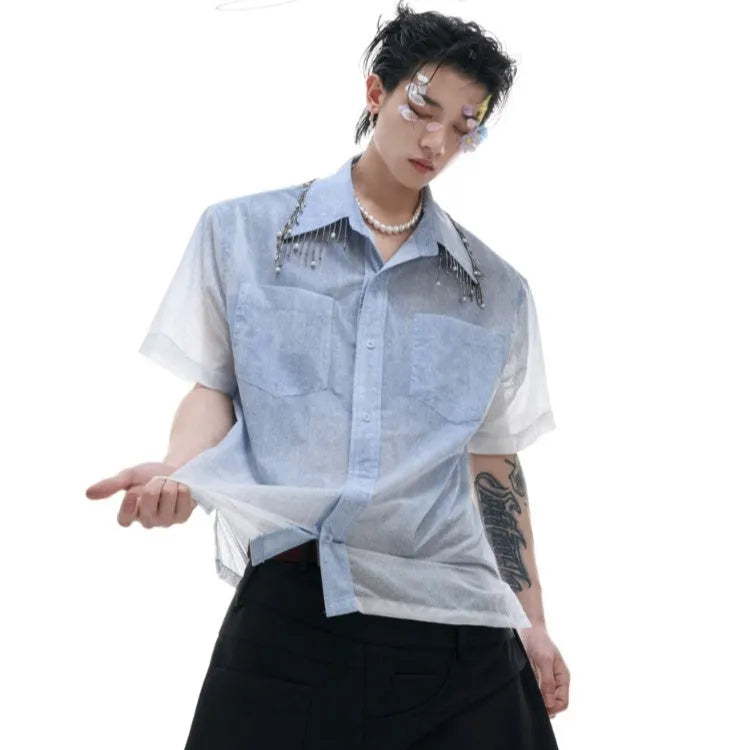 Blue gradient loose fit half sleeve polyester summer shirt laid flat.