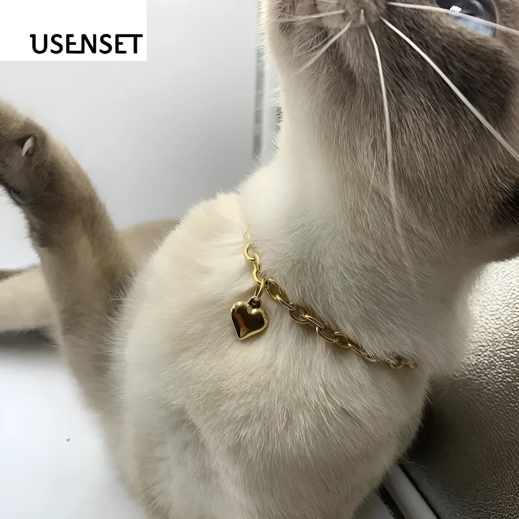 Stainless steel necklace with love heart pendant and cat dog charm in gold or silver finish