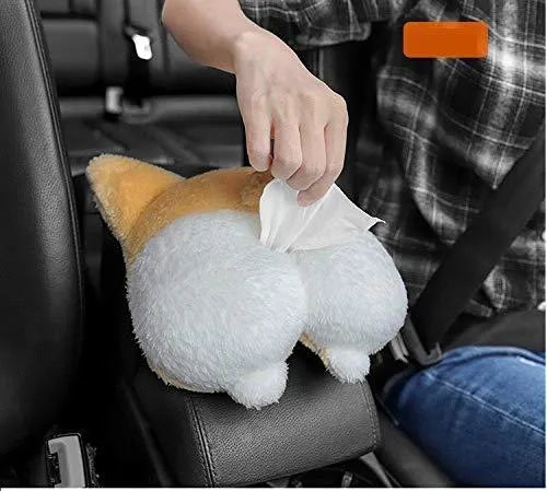 Yellow corgi butt shaped tissue box cover with elastic strap for car visor mounting