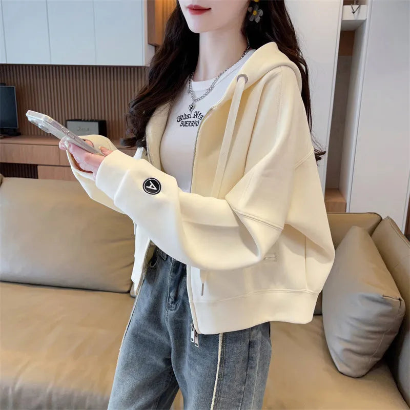 Women's loose-fit short hood cardigan in apricot with zipper pocket, polyester fabric, casual style