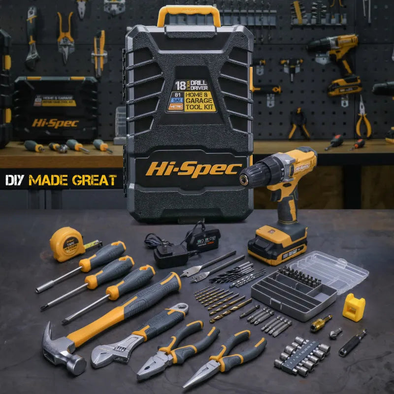 Grey yellow US-style case containing an 82-piece chrome-vanadium steel tool combo set for home repair.