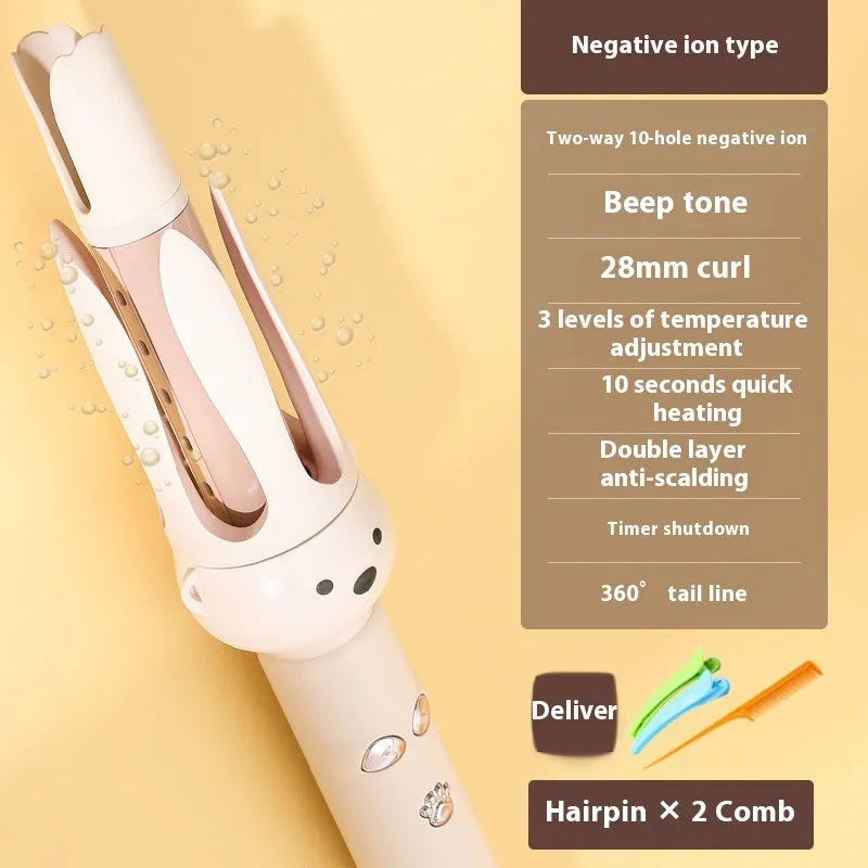 Beige automatic hair curler with negative ion technology and ceramic heating barrel