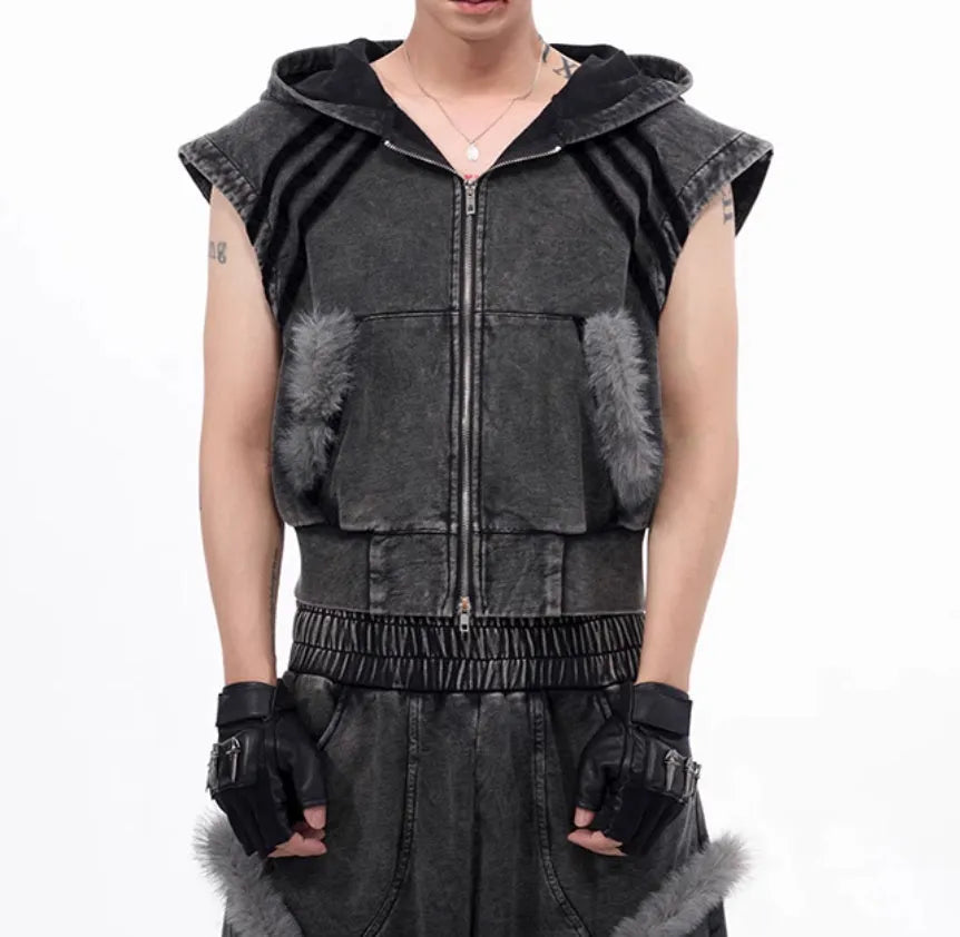 Yellow Korean streetwear set showing a hooded sleeveless vest and matching trousers on a hanger.
