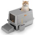 Grey large enclosed cat litter box with pedal lid made from ABS plastic and stainless steel.