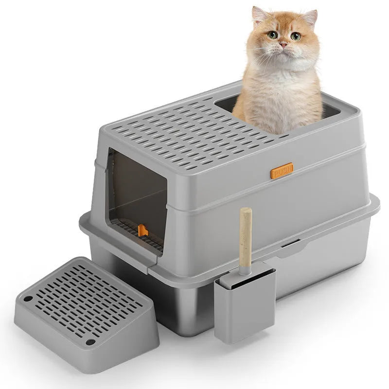 Grey large enclosed cat litter box with pedal lid made from ABS plastic and stainless steel.