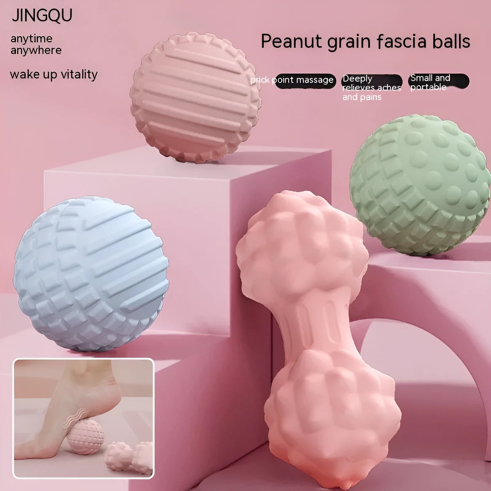 TPR foot massage ball set showing 6cm yoga balls and peanut massage balls in blue colour option