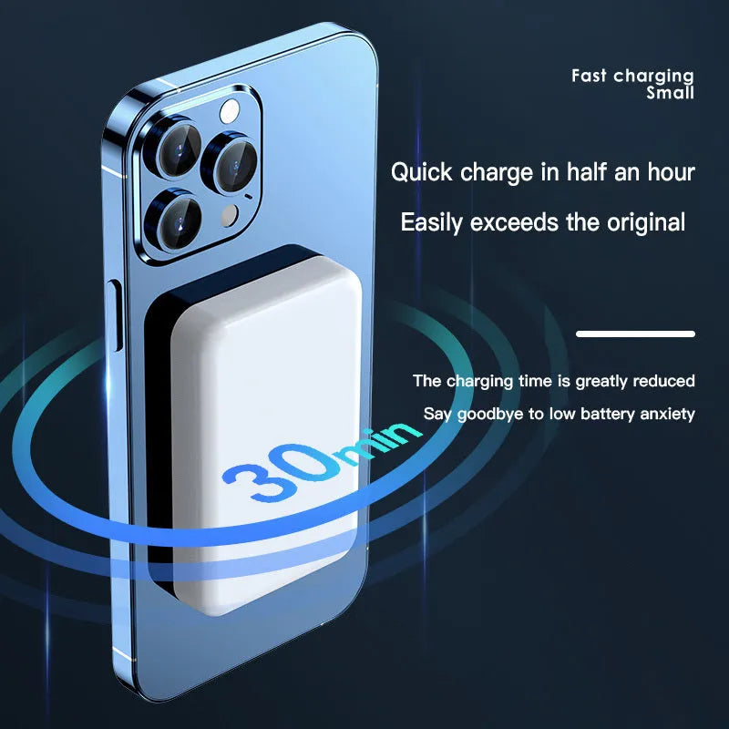 Pink magnetic wireless power bank showing 20000mAh capacity and compact size.