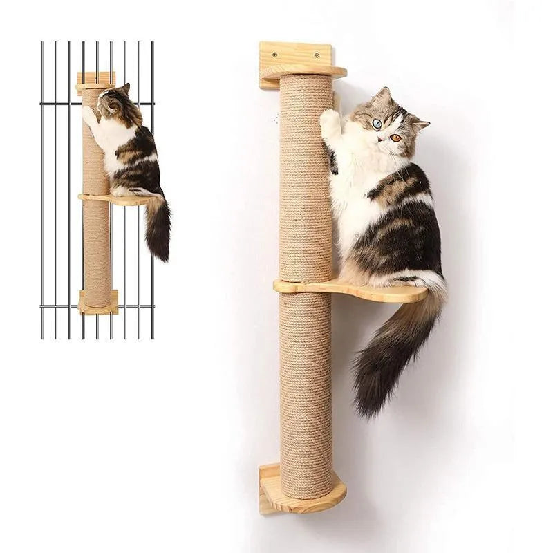 Wooden cat climbing frame mounted on wall with natural wood colour finish