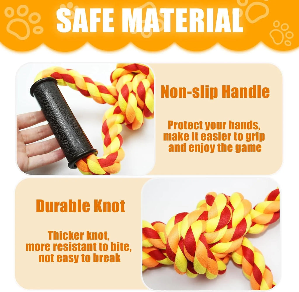 Blue and yellow dog rope toy with ergonomic handle for large breed aggressive chewers