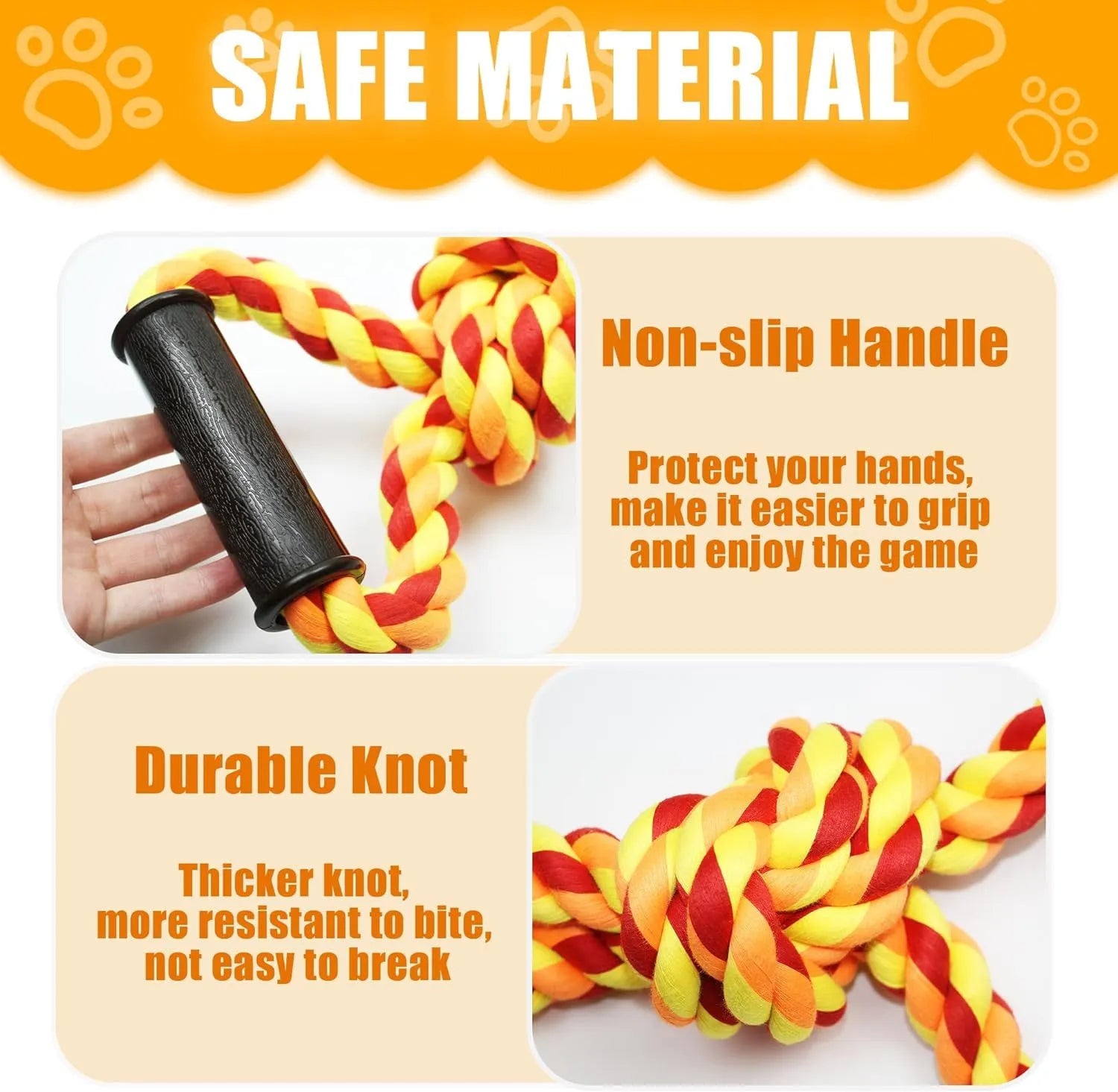Blue and yellow dog rope toy with ergonomic handle for large breed aggressive chewers