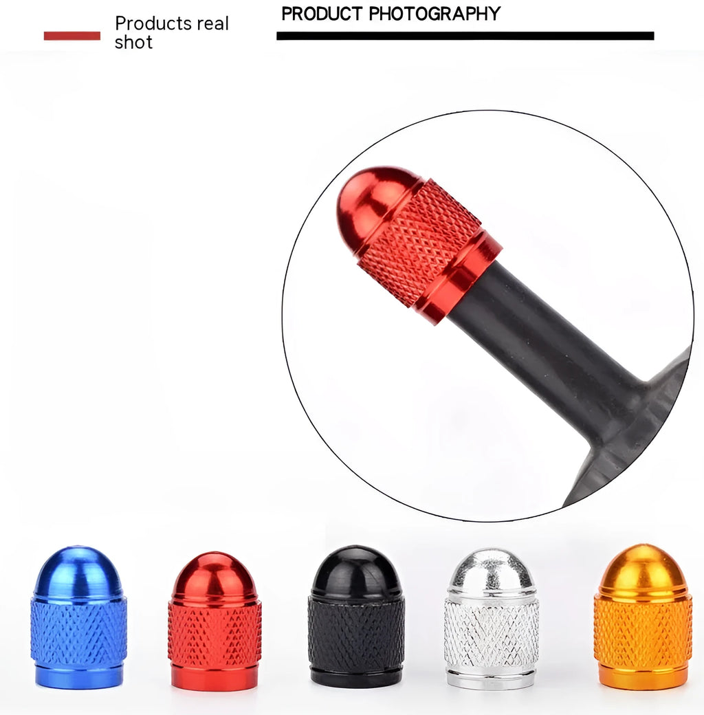 Aluminium mountain bike tyre valve cap in choice of five colours: black, blue, gold, red, silver.