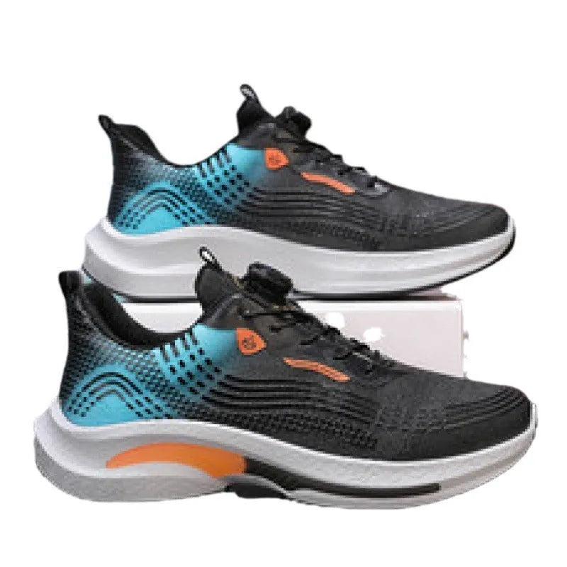 Men's white and blue low-top mesh sneaker with a rotating buckle closure and rubber sole.