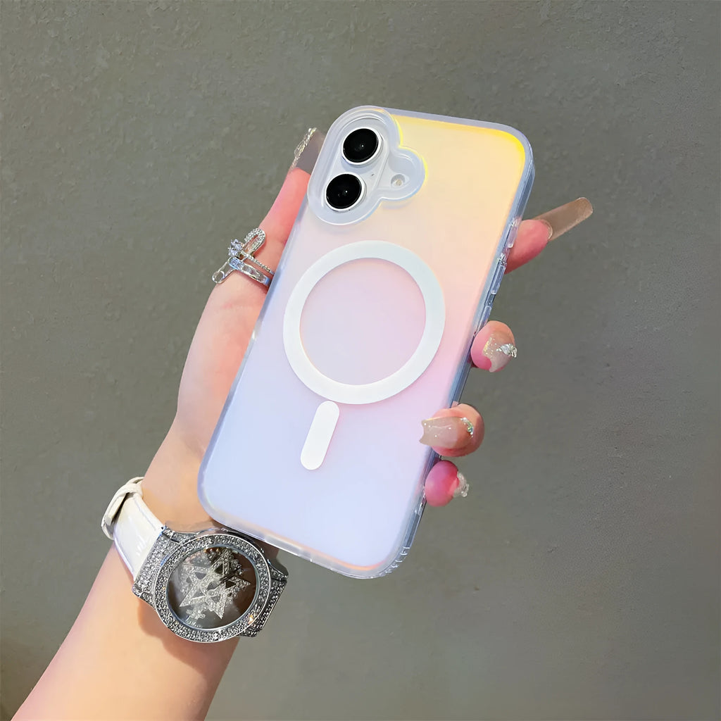 Laser gradient frosted magnetic back cover case for iPhone 17 series on a phone.