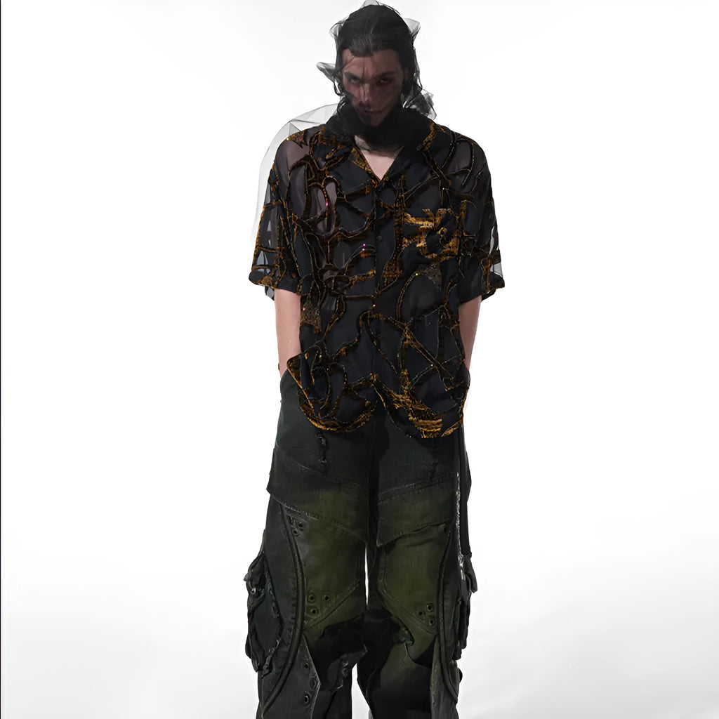 Men's black and grey snake pattern short-sleeve shirt with translucent fabric and lapel collar