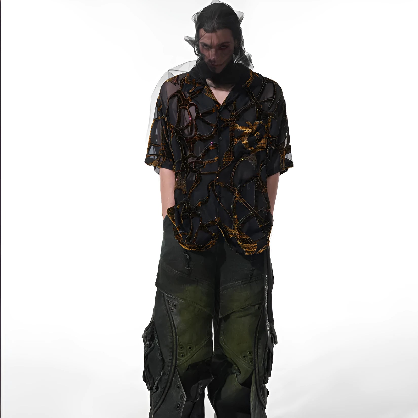 Men's black and grey snake pattern short-sleeve shirt with translucent fabric and lapel collar