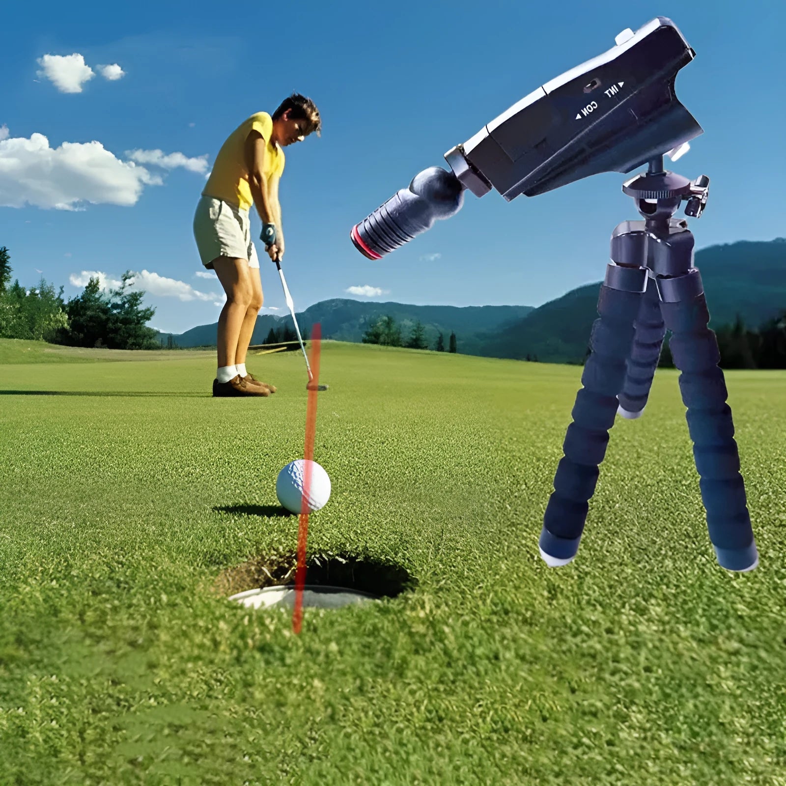 Golf putter laser aiming instrument showing laser sight attachment for putting alignment practice